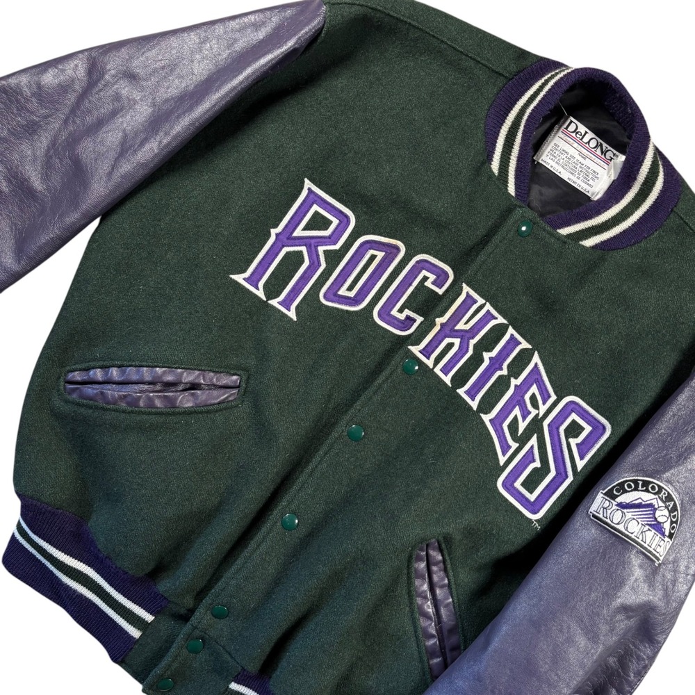 RARE! VTG Colorado Rockies Varsity Jacket Mens L Green Purple‎ Wool Leather 90s